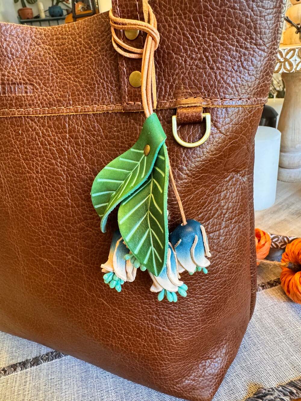 Genuine Leather Green Leaf Blue Flower Purse Charm Leather Bag Charm